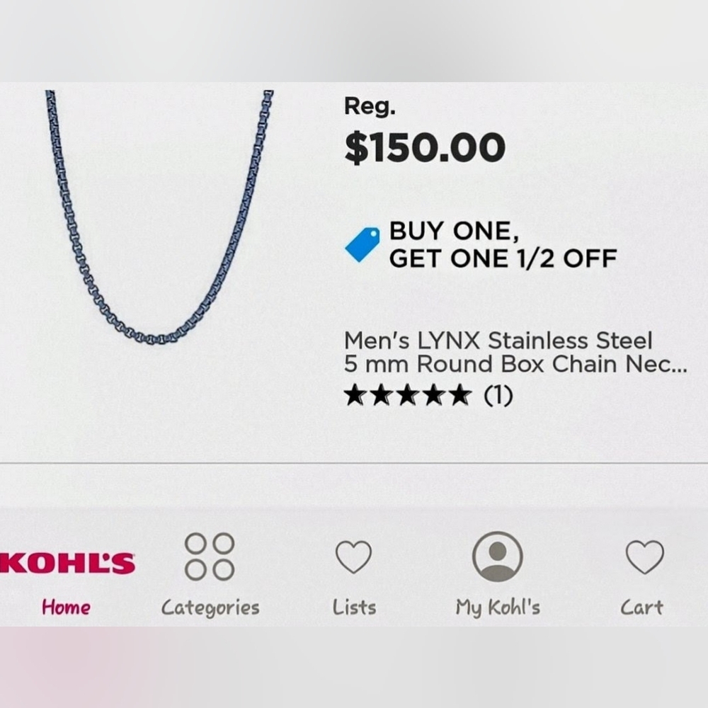 NWT MEN'S STAINLESS STEEL 5MM BOX CHAIN BY LYNX.
